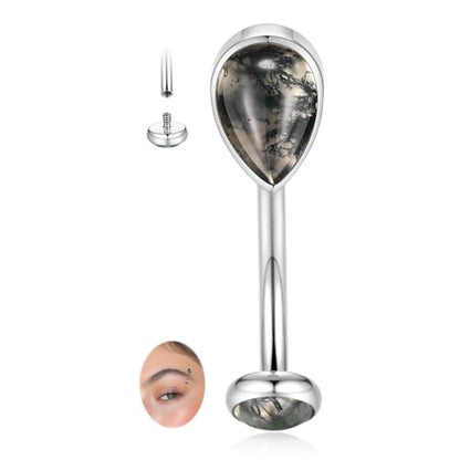 PEAKLINK G23 Titanium Eyebrow Ring 16G Rook Daith Tragus Helix Piercing Internal Threaded Curved Barbell Vertical Labret Lip Jewelry Small Belly Button Ring - color: Silver with Moss Agate