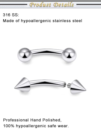 Eyebrow Piercing Jewelry Internally Threaded Surgical Steel Vertical Labret Lip Jewelry Curved Barbell Tiny Eyebrow Ring Ear Rook Navel Small Belly Button Ring for Women Men 16g - color: 16g,silvertone