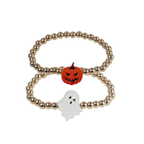 Halloween Gold Beaded Bracelets Wooden Pumpkin Ghost Bat Spider Beads Stretch Bracelet Funny Halloween Holiday Party Gifts for Women - color: A