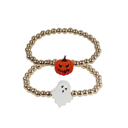 Halloween Gold Beaded Bracelets Wooden Pumpkin Ghost Bat Spider Beads Stretch Bracelet Funny Halloween Holiday Party Gifts for Women - color: A