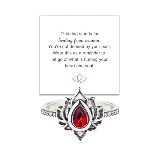 Lotus Ring for Women - Zircon Inlaid Flower Promise Ring - My Trauma Inspirational Statement Floral Jewelry Gift - color: red