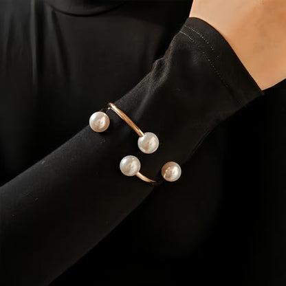 Gold Pearl Hand Cuff Bracelets for Women Chunky Large Pearls Cuffs Statement Bracelet Luxury Big Fake Faux Pearl Ball Handcuffs Jewelry Unique Pearly Gifts - color: Gold