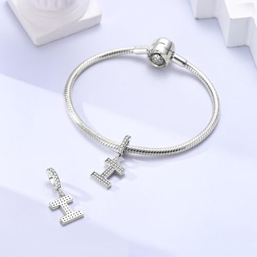 Hapour Letter 925 Sterling Silver Charm with Cubic Zirconia Alphabet A-Z Initial Dangle Charms Beads Pendent DIY Jewelry for Bracelets Necklace - color: I