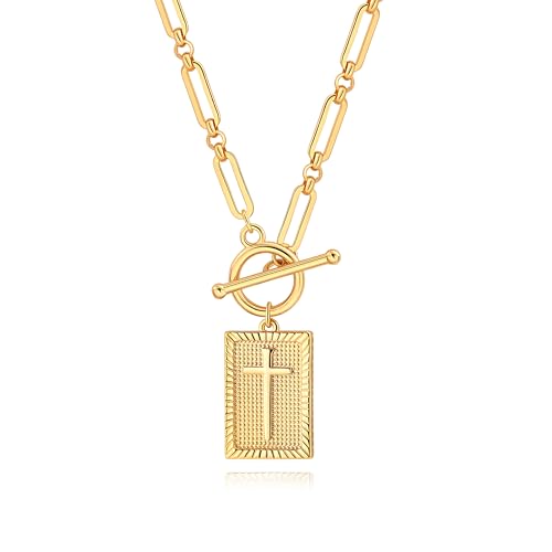 18k Gold Plated Chain Link Necklace for Women, Baroque Pearl/Compass Pendant Necklace - color: Rectangle Cross