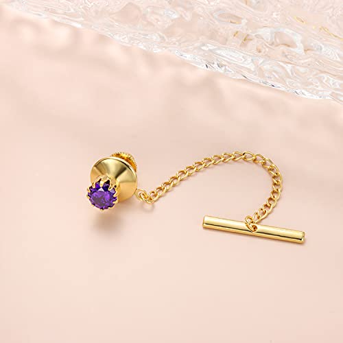 HAWSON Mens Tie Tack with Chain Round Crystal Wedding Business Accessories - color: Gold + Purple Velvet