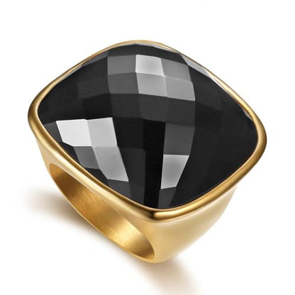 Chunky Square Crystal Glass Stainless Steel Statement Ring for Women Men Gold-Tone Plated Exaggerated Large Geometric Green Cubic Zirconia Finger Band Knuckle Rings Cocktail Prom Fashion Jewelry - color: Black