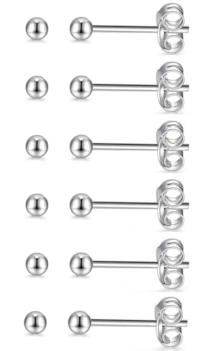 14K Gold Filled Polished Small CZ Pearl Ball Stud Earrings Set for Women Men 20G Surgical Steel Hypoallergenic Piercing Studs for Sensitive Ear, Pack of 6 Pairs - style: D : 3MM Silver Ball Set