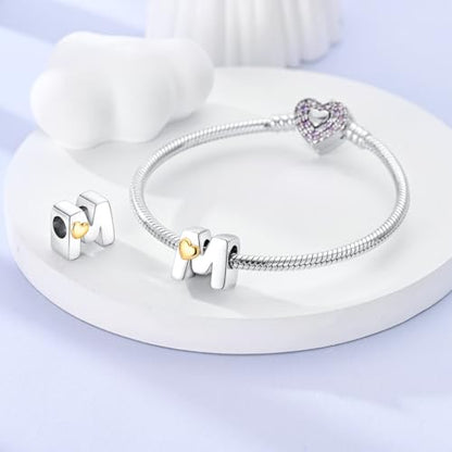 925 Sterling Silver Letter Charms A-Z for Bracelet Necklace Alphabet Bead | Heart letter A B C D G J charm initial gold Pendant beads Jewelry Gift for Women - color: Letter M