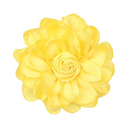 Satin Rose Flower Brooch Hair Clip for Women 4.3 Inch Floral Pin for Hats Dress Everyday Outfits Beach Vacations - color: Yellow