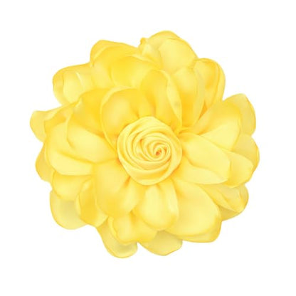 Satin Rose Flower Brooch Hair Clip for Women 4.3 Inch Floral Pin for Hats Dress Everyday Outfits Beach Vacations - color: Yellow