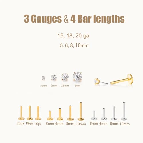 16G/18G/20G Tiny CZ Stud Earrings, Gold Flat Back Earrings, Threadless Cartilage Tragus Piercing Conch Stud Nose Helix Stud - color: CZ -Silver, size: 16/18/20 gauge (1.2mm/1.0mm/0.8mm post)