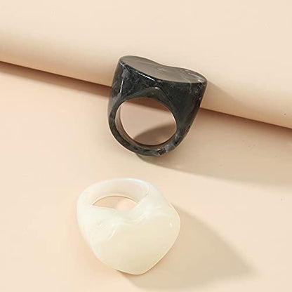 Resin Chunky Rings for Women Multicolor Acrylic Plastic Rings Set Cute Trendy Aesthetic Y2k Statement Rings Thick Dome Heart Knuckle Finger Jewelry - color: Heart White+black