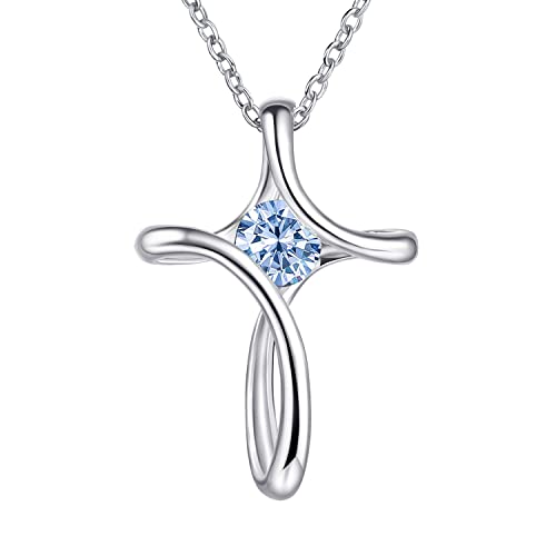 Cross Necklace for Women 925 Sterling Silver Birthstone Necklace for Women | Silver Necklaces with Diamond Sideways Birthstone Jewelry Gifts for Women 45+3cm Adjustable Chain - color: 03-March-Aquamarine