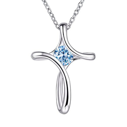 Cross Necklace for Women 925 Sterling Silver Birthstone Necklace for Women | Silver Necklaces with Diamond Sideways Birthstone Jewelry Gifts for Women 45+3cm Adjustable Chain - color: 03-March-Aquamarine
