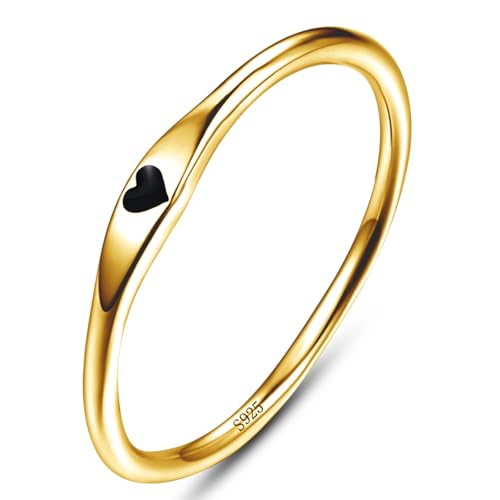 AVECON S925 Sterling Silver Thin Carve Heart Ring for Women Men, Love Style | Hypoallergenic Promise Wedding Band for Her, Stackable Jewelry Gifts for Anniversary Valentine's Day, Accurate Size 5-10 - color: H-Gold-Black