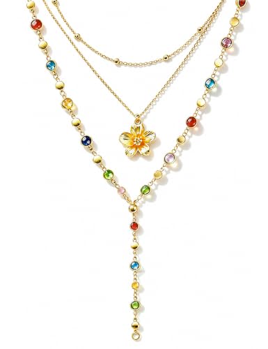 4PCS Layered Gold Cross Necklaces for Women Trendy, Bohemian Bead Pearl Y Long Pendant Necklace Set, Vintage Rosary Necklace Stack Adjustable Length - color: Gold-flower
