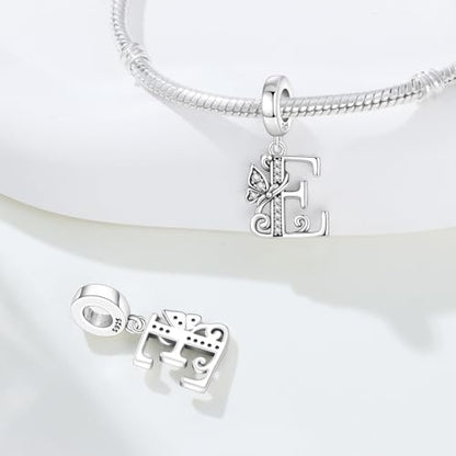 2 Pack 925 Sterling Silver Butterfly Letter Charms for Bracelets and Necklace Alphabet Initial Dangle Pendants Round Spacer Beads Pave Cubic Zirconia Jewelry Gift for Women - color: E Set