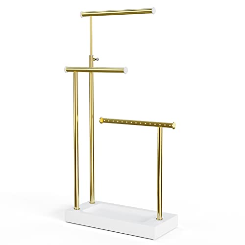 SRIWATANA Jewelry Organizer Display Extra Tall Necklace Holder 3 Tier Jewelry Tree Stand, Gift Idea (White & Gold) | Modern Luxury Jewelry Tree with Wood Base Tray; Ideal to Organize Long Necklaces, Earrings, Rings - color: White & Gold