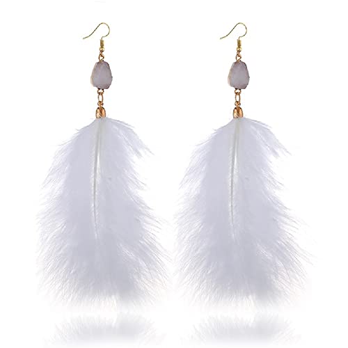 Long Natural Feather Tassel Drop Dangle Earrings Pheasant Feathers Peacock for Women Bohemian Handmade Lightweight Jewelry - color: White