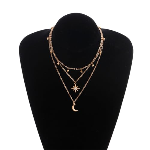 Layered Moon Star Crystal Necklace Gold Silver Plated Boho Charm Crescent Lucky Stars Small Bell Tassel Sparkly Rhinestone Cubic Zirconia Chain Necklace for Women Christmas Birthday Trendy Jewelry Gifts - color: Gold necklace