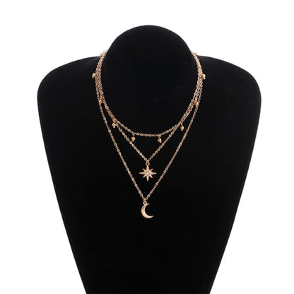 Layered Moon Star Crystal Necklace Gold Silver Plated Boho Charm Crescent Lucky Stars Small Bell Tassel Sparkly Rhinestone Cubic Zirconia Chain Necklace for Women Christmas Birthday Trendy Jewelry Gifts - color: Gold necklace