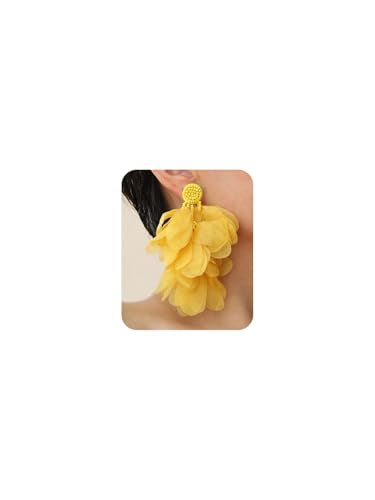 Bohemian Flower Drop Dangle Earrings Vintage Handmade Chiffon Floral Long Tassel Earrings Exaggerated Big Flower Stud Earrings Wedding Bridal Party Ear Jewelry for Women - color: Yellow