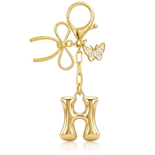 Gold Bubble Heart, Cherry, Bow & More Designs Letter Initial Keychain Bag Charms – Cute Purse Charms for Handbags - color: Bow & Butterfly, style: H