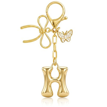 Gold Bubble Heart, Cherry, Bow & More Designs Letter Initial Keychain Bag Charms – Cute Purse Charms for Handbags - color: Bow & Butterfly, style: H