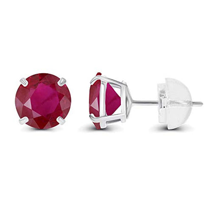 Solid 14K Yellow, White or Rose Gold 4mm Round Genuine Gemstone Birthstone Prong Set Stud Earrings For Women - color: Ruby Genuine