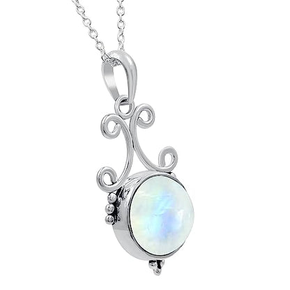 Natural Round Gemstone Pendant Necklace for Women, 925 Sterling Silver | Solitaire Birthstone Jewelry With 18 Inch Chain, Handmade Semi Precious Stone Pendant, Jewelry Gift for Mom, Wife & Sister - color: Moonstone