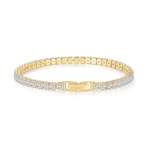 MINDDHA 14K Gold/White Gold Plated Cubic Zirconia Tennis Bracelet | Silver, Gold Bracelet for Women | Rectangle, Square, Round Shape CZ Stone | Width 2.5-4mm | Size 6-8 Inch - color: 3.5mm Priness Cut Yellow Gold, size: 7 Inch