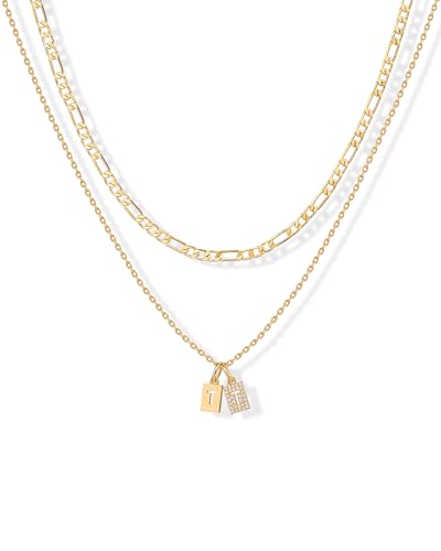 PAVOI 14K Gold Plated Initial Letter Double Dog Tag Pendant Necklace | Dainty Cubic Zirconia Letter Tag Round Box Chain Necklaces for Women - style: Gold plated pendant necklace with cubic zirconia stones and a Singapore chain