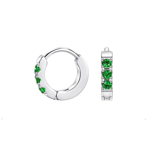 Birthstone Huggie Hoop Earrings for Women, Cubic Zirconia Small Hoops | 316L Surgical Steel, 18K Gold or Silver, 6-10mm, Hypoallergenic Waterproof, Cartilage Piercing, Birthday Gift - color: 05 MAY. Emerald - Silver, size: 6mm