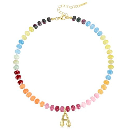 KissYan Initial Necklaces for Women, Colorful Beaded Gemstone Choker 14K Gold Bubble Letter Pendant Necklace Natural Stone Summer Beach Handmade Jewelry Gift - color: Red, style: Letter A