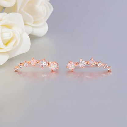 CiNily Star Opal Ear Cuffs Climber Earrings, 14K Gold CZ Ear Crawler Earrings for Women Small Cartilage Stud Earrings Fashion Hypoallergenic Jewelry Christmas Day Gifts, White Gold, Rose Gold - color: Rose Gold-Pink Opal, size: Round Opal