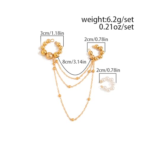Multi Layer CCB Bead Chain Tassel Ear Cuff for Women Gold Tone Faux Pearl C Shaped Cartilage Clip On Huggie Earrings Lightweight Trendy Jewelry Gift