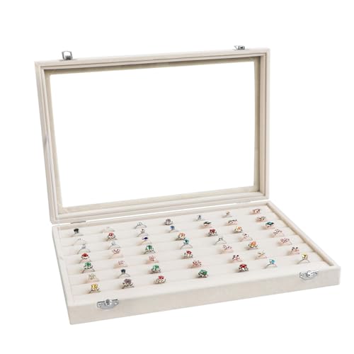 Wudygirl Velvet Ring Organizer Tray with Lid, 13.7x9.4 Inch Beige | 7 Slot Ring Jewelry Organizer for Ring, Perfect for Home Organization, Jewelry Display, Gift Giving, Dustproof Design - color: Beige, size: Ring