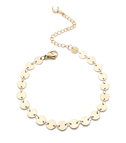 Dainty Bracelets for Women Paperclip Chain Bangles Handmade Tiny Cute Oval and Round Beaded Bracelet 316L Stainless Steel Jewelry Gift for Best Friend - style: Coin Chain Gold