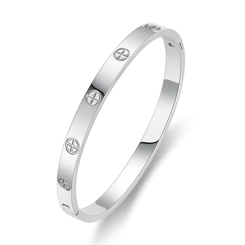 PDWZNBA 18K Gold-Plated Love Friendship Bracelets Trendy Stainless Steel Bangle Jewelry Gifts for Women - style: Cross-Silver