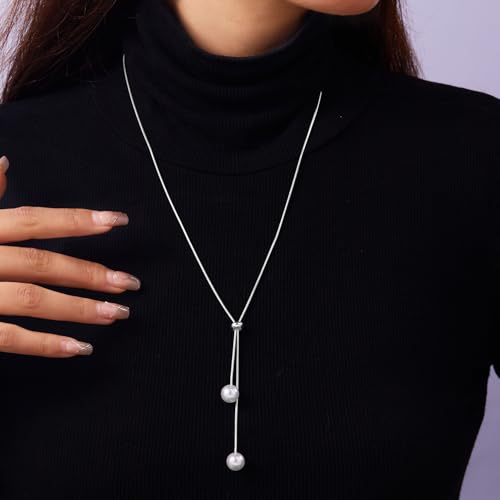 Pearl Necklace Set for Women Long Necklace Pearl Jewelry Beaded Design Drop Y Lariat Style Gift - color: Silver Y Pearl Necklace