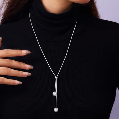 Pearl Necklace Set for Women Long Necklace Pearl Jewelry Beaded Design Drop Y Lariat Style Gift - color: Silver Y Pearl Necklace