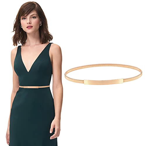 XZQTIVE 2 Pieces Women Skinny Metal Chain Waist Belt Stretchy Saree Cinch Belt for Dress Gold Sliver - color: 01 Smooth-gold, size: Fit waist 23-25 in