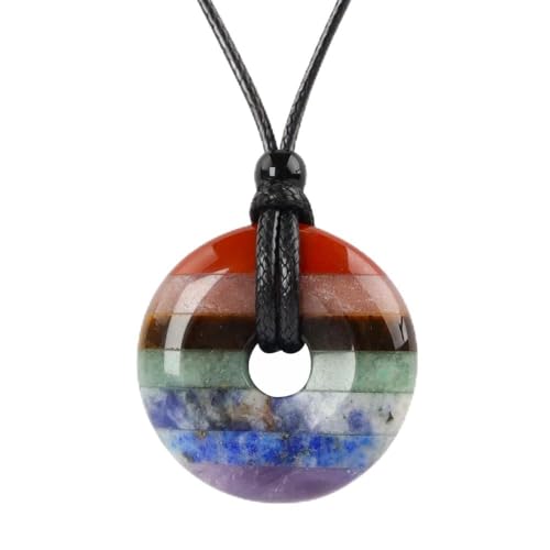 Anjiucc Natural Gemstone Pendant Necklce Lucky Coin Crystal Necklace Donut Pendnat with Adjustable Rope Healing Crystal for Men - color: 7 Chakras