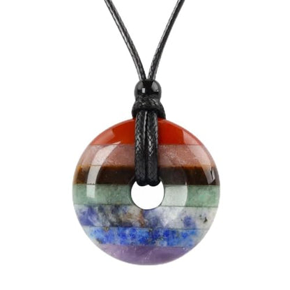 Anjiucc Natural Gemstone Pendant Necklce Lucky Coin Crystal Necklace Donut Pendnat with Adjustable Rope Healing Crystal for Men - color: 7 Chakras