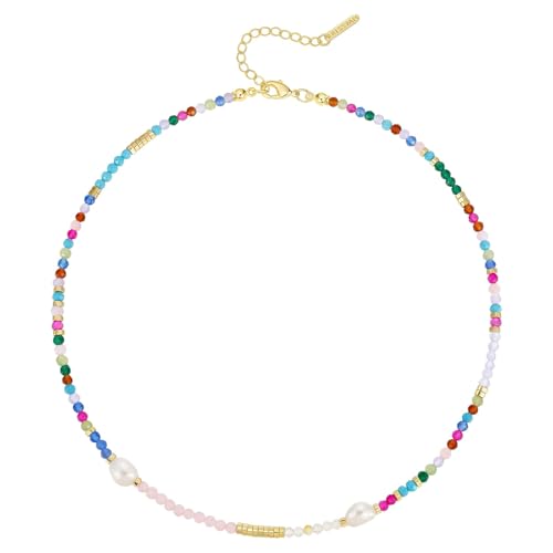 KissYan Beaded Choker Necklace for Women, Colorful Natural Gemstones Pearl Choker 14K Gold Plated Pendant Healing Crystal Necklace Handmade Stone Jewelry Gift | 14K Gold Plated Pendant Necklaces, Natural Gemstones Pearl Choker, Healing Crystal Chain, Hand
