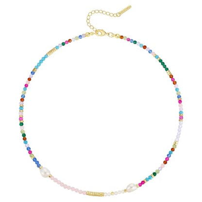 KissYan Beaded Choker Necklace for Women, Colorful Natural Gemstones Pearl Choker 14K Gold Plated Pendant Healing Crystal Necklace Handmade Stone Jewelry Gift | 14K Gold Plated Pendant Necklaces, Natural Gemstones Pearl Choker, Healing Crystal Chain, Hand