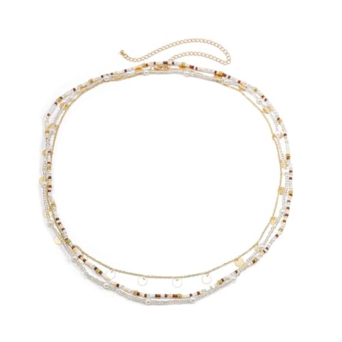 14K Gold Plated Belly Chain Layered Adjustable Waterproof Sparkling Sequin Body Chain Sparkling beads Sexy Bikini Waist Chain With Scalable Elastic Rope - Aqua Brown Golden - color: 3 Layers Brown