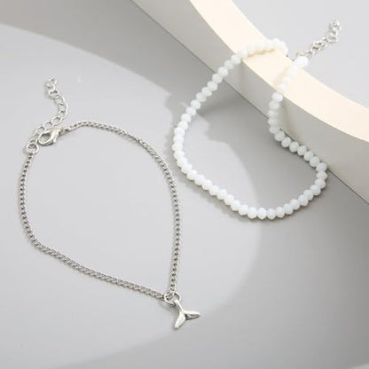 Boho Fish Tail Pendant Anklet Set of 2 – Adjustable Layered Beach Foot Jewelry – Bohemian Seed Bead Ankle Bracelet for Women