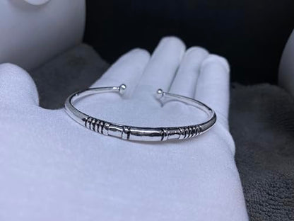 Solid 925 Sterling Silver Tribal Cuff Oxidized Torque with Engraved Geometric Pattern Ethnic Boho Handmade Bracelet Size 7 Inches and Adjustable
