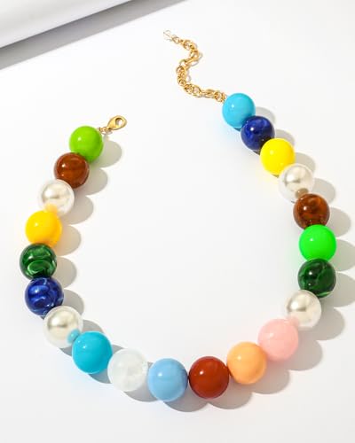 Chunky Beaded Choker Necklace for Women Boho Statement Necklace with Large Pearl Blue Brown Tone Resin Beads Summer Beach Jewelry Gifts - color: Rainbow Pastel Mix
